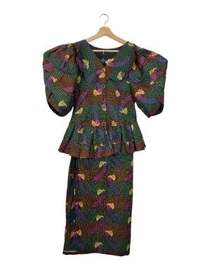 West African Handmade Wax Print Ankara Peplum Skirt Set Size M Statement Sleeve